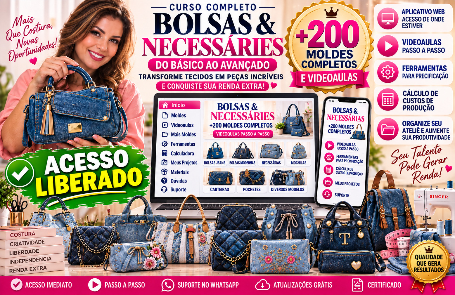 Curso Completo Bolsas & Necessaires — +200 moldes, videoaulas e ferramentas